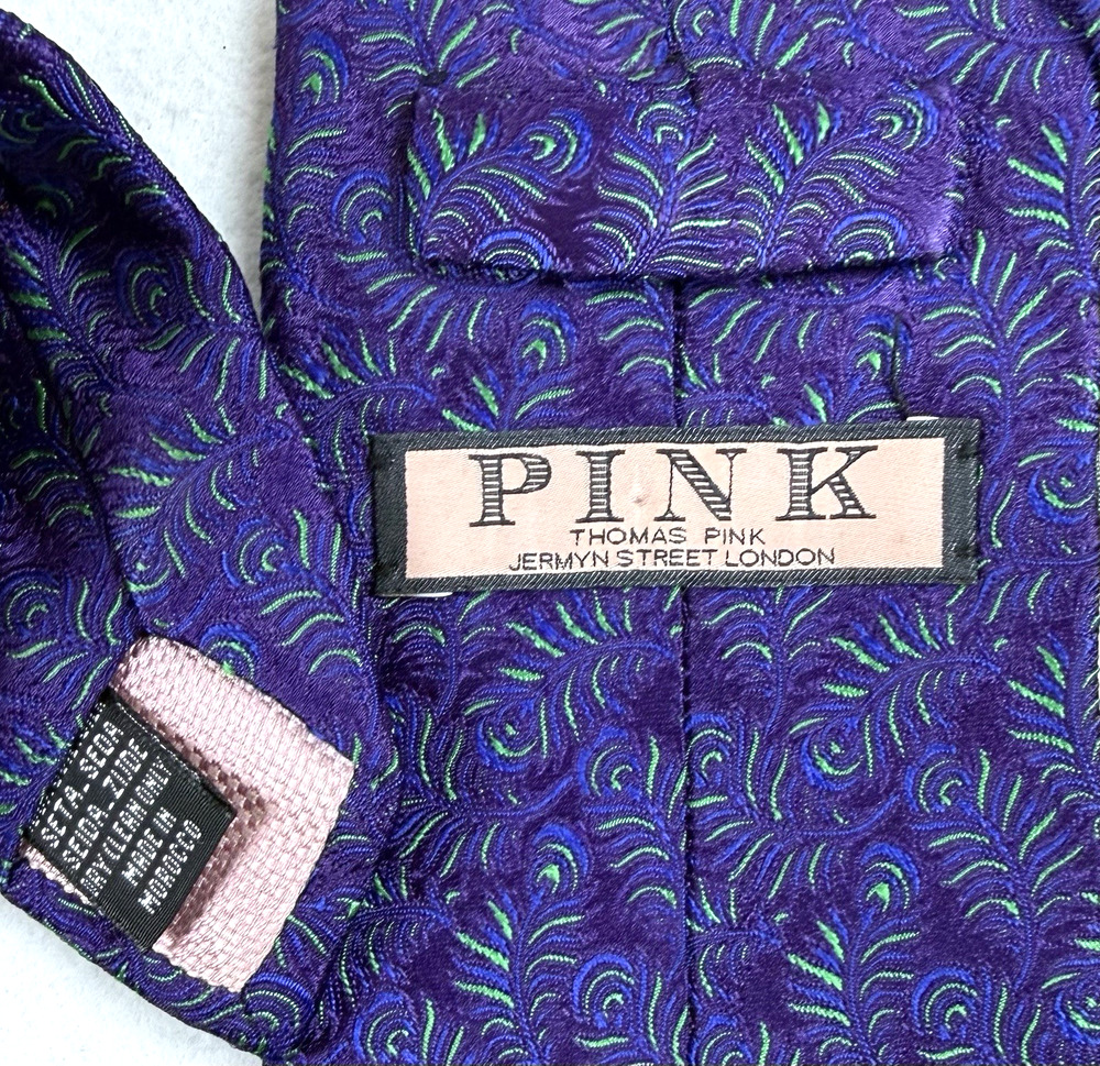 Thomas Pink silk Tie green peacock feathers purple luxury Designer
